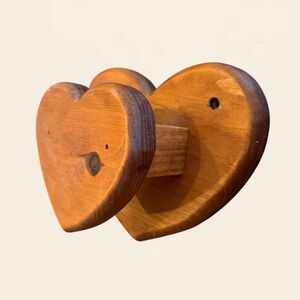 Vintage Solid Wood Quilt Wall Hanger Rack Double Heart 9 & 6 inch Cottage Core